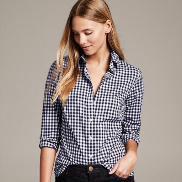 J. Crew Tops - J. Crew Navy Gingham Flannel Perfect Shirt Button Down Size 4